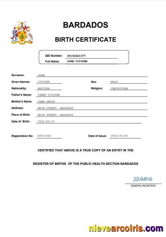 Barbados birth certificate and PDF